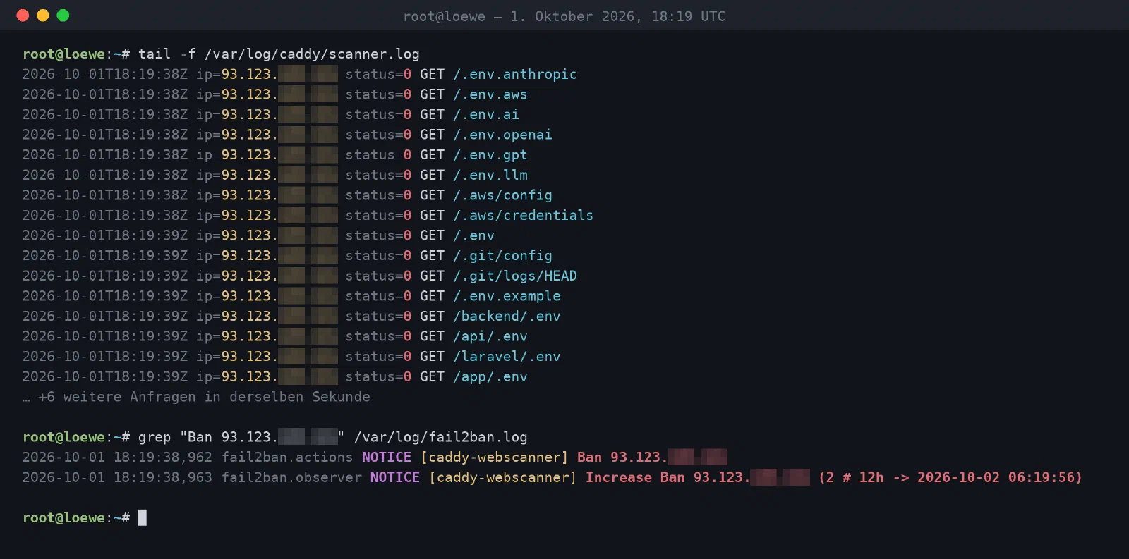 Terminal mit Server-Log: eine einzelne IP-Adresse fragt innerhalb von zwei Sekunden über zwanzig Pfade wie /.env, /.aws/credentials und /.git/config ab, danach meldet fail2ban die Sperre